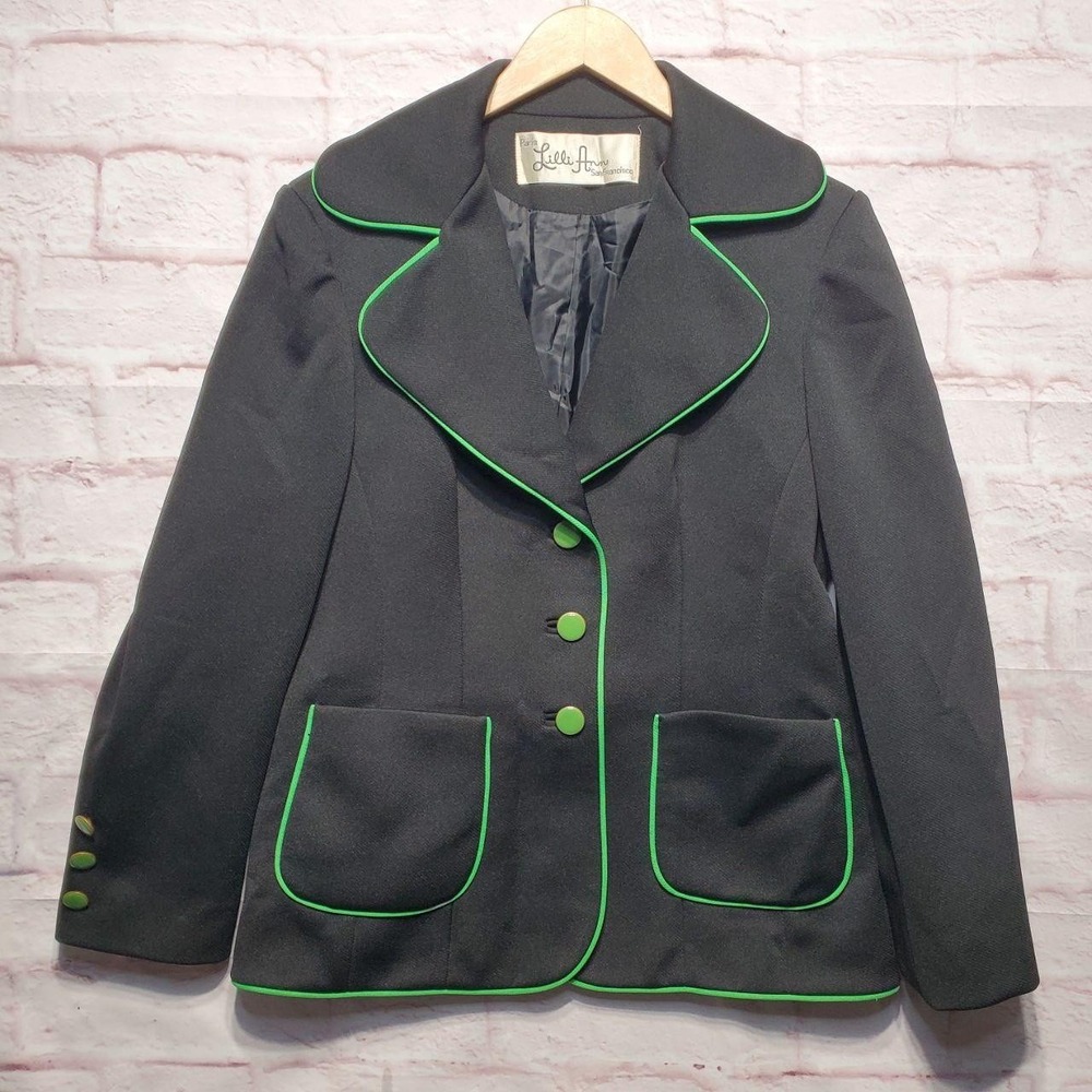 Vintage 1960s Lilli Ann Jacket Black Green Trim ILGWU Union Made Mod Blazer